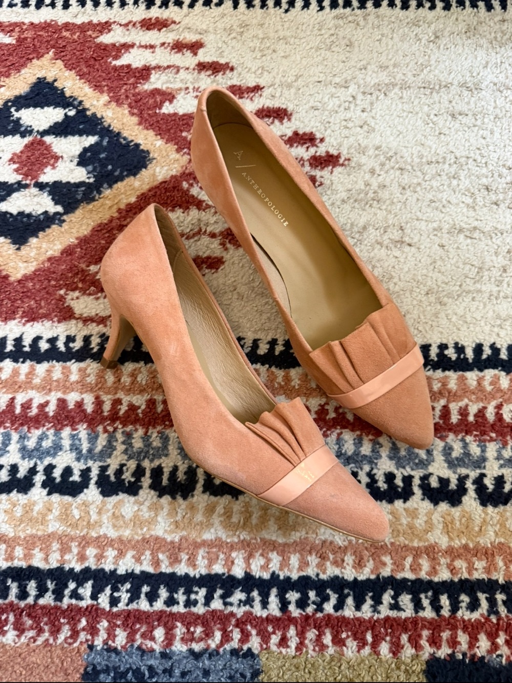 Anthropologie Peach Suede Pointed-Toe Heels with Pleated Strap